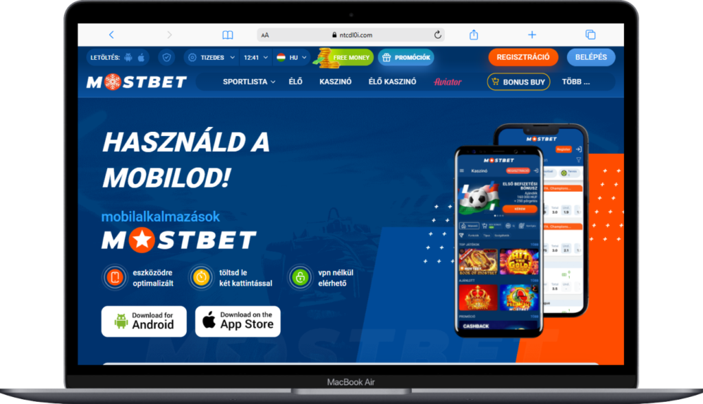 Mostbet mobilalkalmazás főképernyője, a bejelentkezési és regisztrációs gombokkal