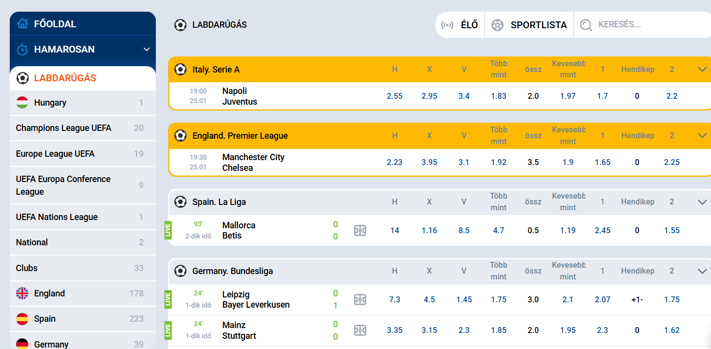 Képernyőkép a MostBet mobilalkalmazás élő fogadási felületéről